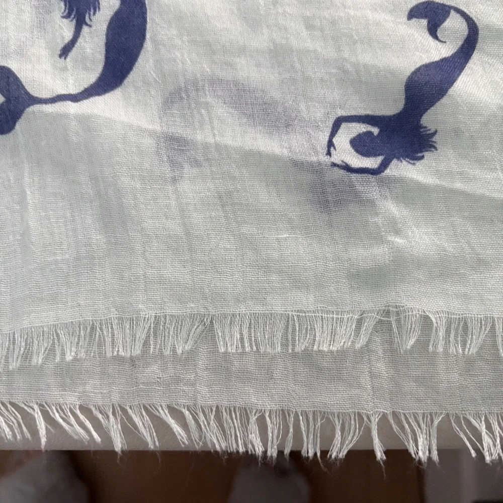 JD Sunny Just Classic Mermaid Print Cotton Scarf‎ Mint Green Navy Blue Fringe